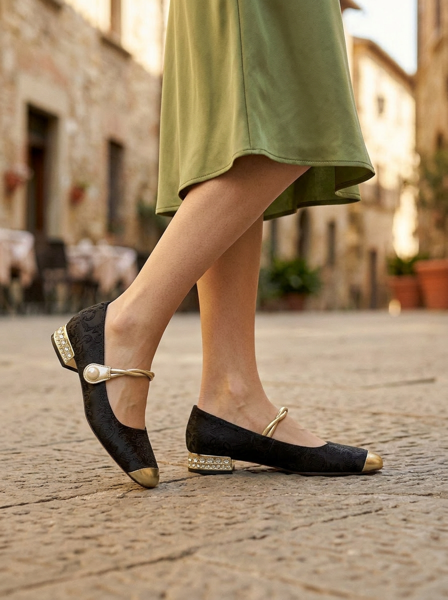 Women's Mary Jane Shoes Metallic Pearl Embellished