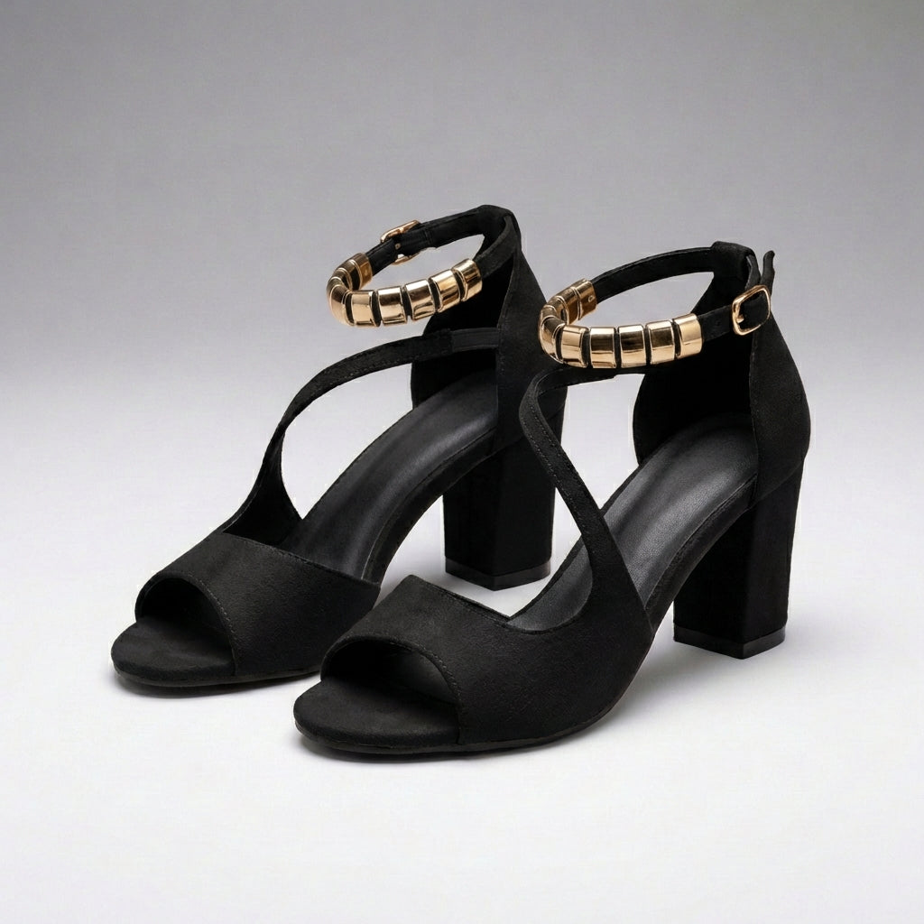 Women's Suede Block Heel Sandals Embellished Straps