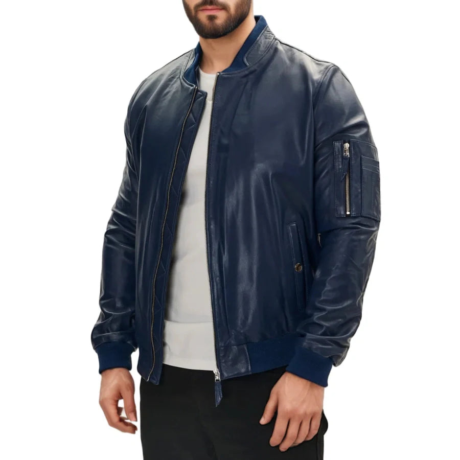Blaze Men's Leather Bomber Jacket Blue - VibreMode