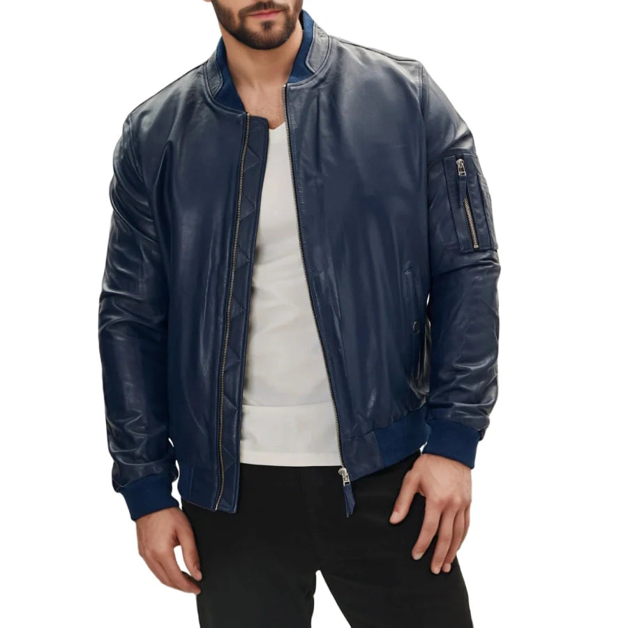 Blaze Men's Leather Bomber Jacket Blue