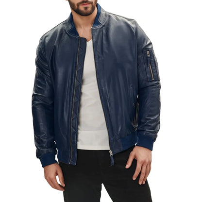 Blaze Men's Leather Bomber Jacket Blue
