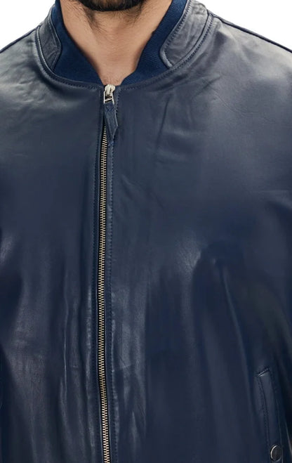 Blaze Men's Leather Bomber Jacket Blue