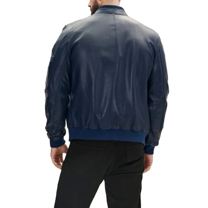 Blaze Men's Leather Bomber Jacket Blue