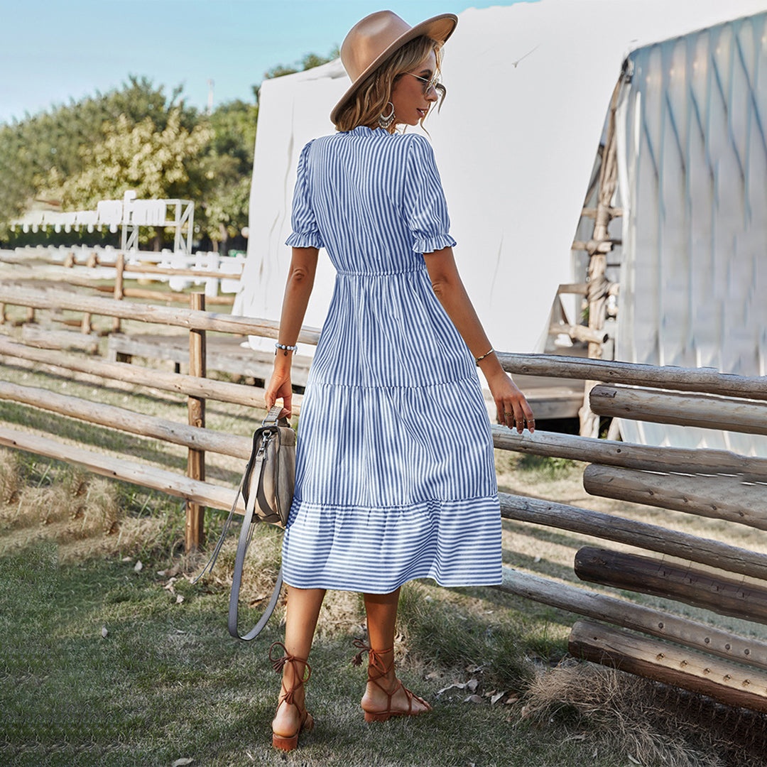 Women's Striped V-Neck Summer Dress Lantern Sleeves