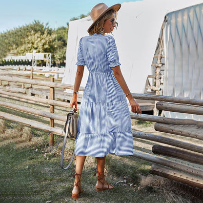 Women's Striped V-Neck Summer Dress Lantern Sleeves