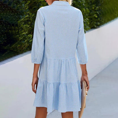 Women's Gingham Shirt Dress Mandarin Collar