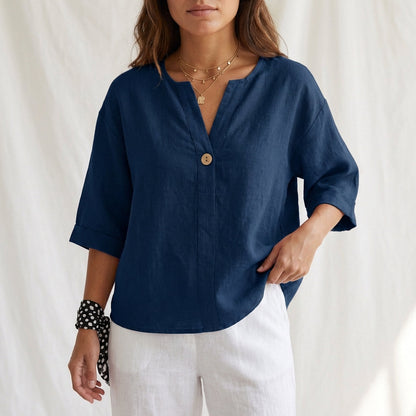 Women's Cotton Blouse V-Neck Cuffed Sleeves