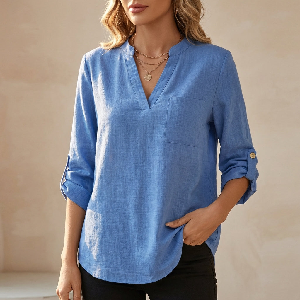 Women's Cotton Linen Tunic Blouse Relaxed Fit V-Neck - VibreMode