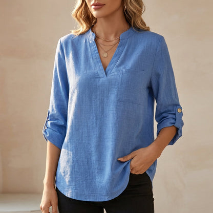 Women's Cotton Linen Tunic Blouse Relaxed Fit V-Neck - VibreMode