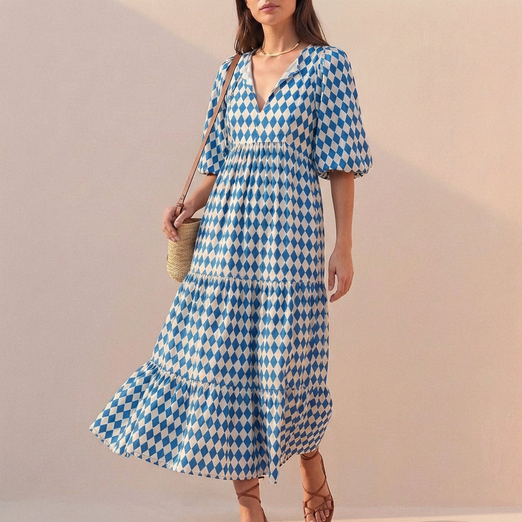 Women's V-Neck Midi Dress Puff Sleeves Tiered Skirt - VibreMode
