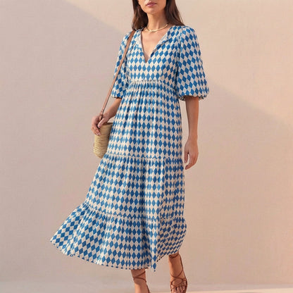 Women's V-Neck Midi Dress Puff Sleeves Tiered Skirt - VibreMode