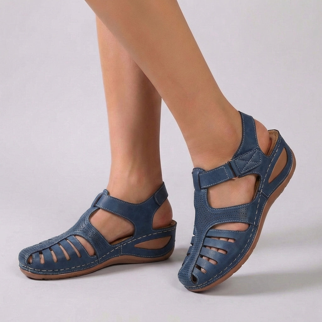 Women's Leather Wedge Sandals Ankle Strap Perforated Brown