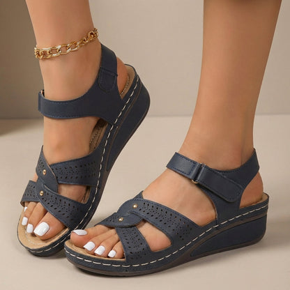 Wedge Sandals Perforated Leather Adjustable Ankle Strap Platform