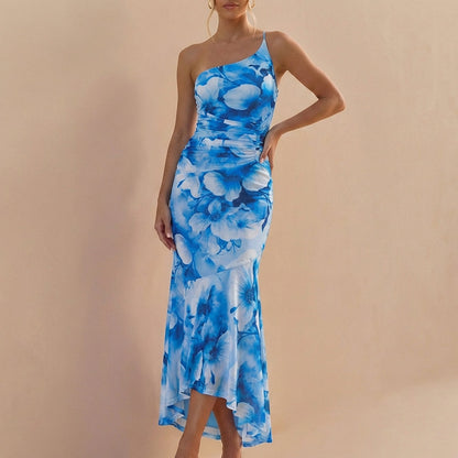 Women's One-Shoulder Maxi Dress Mesh Ruched Detail