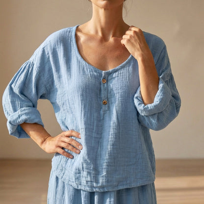 Women's Cotton Blend V-Neck Blouse Textured Sleeves