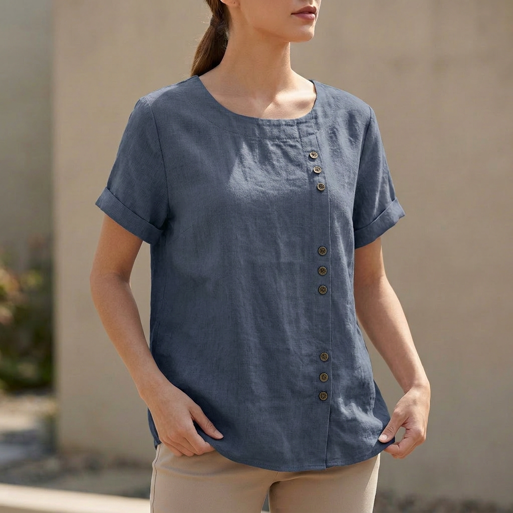 Women's Short Sleeve Blouse Asymmetric Button Detail