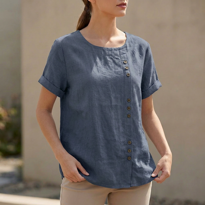 Women's Short Sleeve Blouse Asymmetric Button Detail