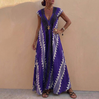 Bohemian A-Line Maxi Dress Deep V-Neck Geometric Print