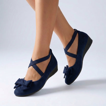 Womens Fitted Wedge Loafers Cross Over Strap Bow Detail