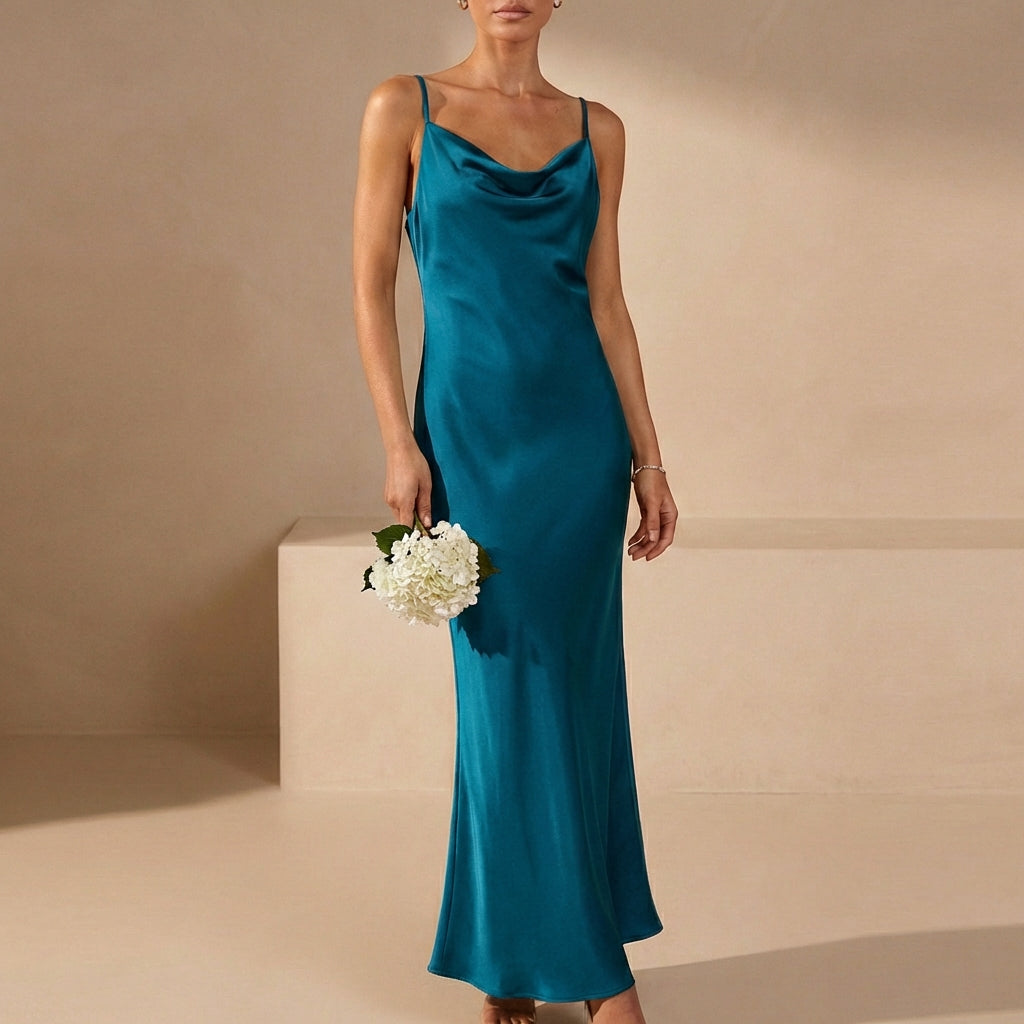 Women's Satin Maxi Dress Cowl Neck Spaghetti Straps Evening