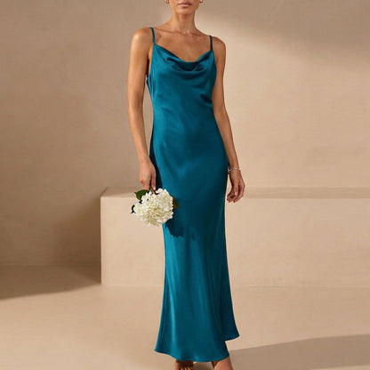 Women's Satin Maxi Dress Cowl Neck Spaghetti Straps Evening