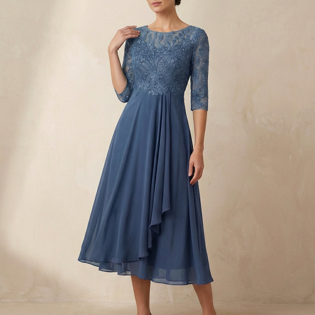 Women's Embroidered A-Line Midi Dress Sheer Sleeves