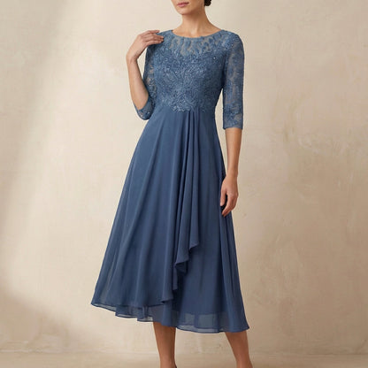 Women's Embroidered A-Line Midi Dress Sheer Sleeves