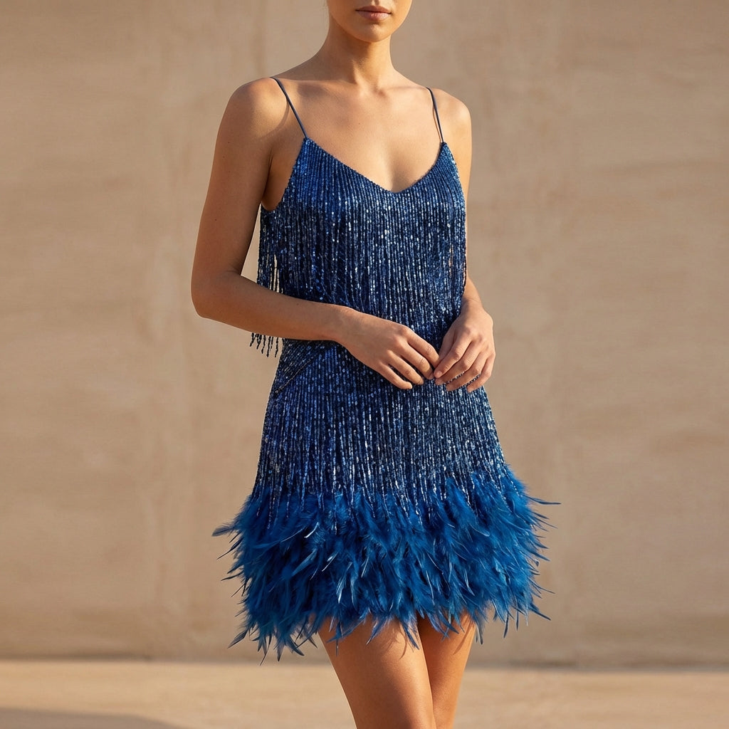 Women's Mini Dress Fringe Feather Beaded