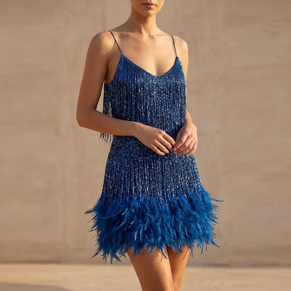 Women's Mini Dress Fringe Feather Beaded