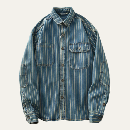 Men's Denim Shirt Jacket Vertical Stripe Blue - VibreMode