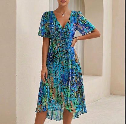 Women's Midi Wrap Dress Chiffon Tie Waist