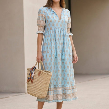 Women's V-Neck Maxi Dress Lantern Sleeves Tiered Skirt - VibreMode