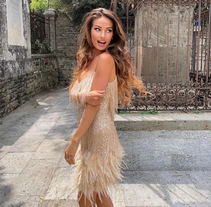 Margaret | Women’s Cocktail Dress with Fringe Feathers Caliboot