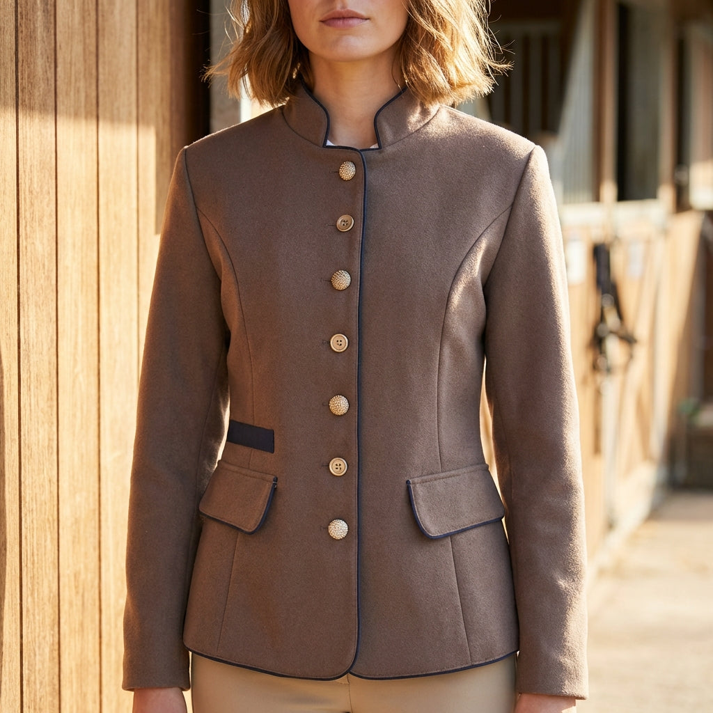 Wool Blazer Stand Collar Contrast Piping