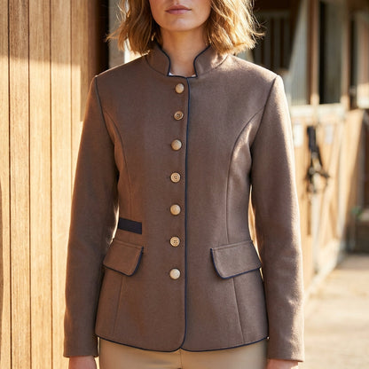 Wool Blazer Stand Collar Contrast Piping
