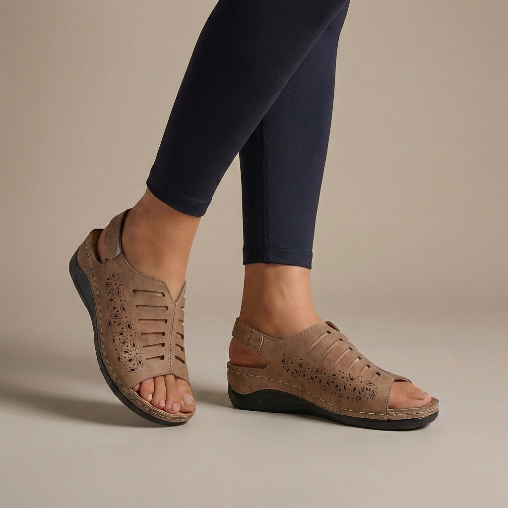 Women's Wedge Sandals Floral Cut-Out Adjustable Strap - VibreMode