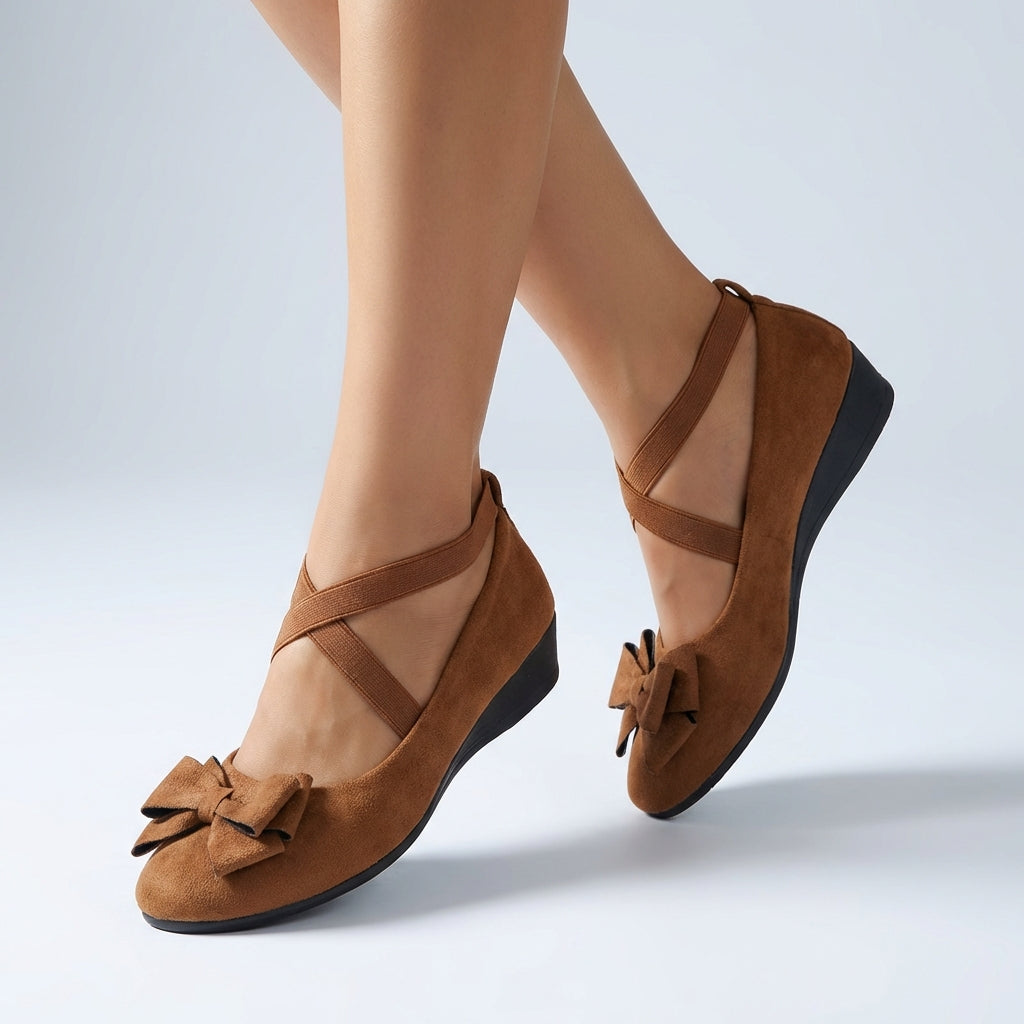 Womens Fitted Wedge Loafers Cross Over Strap Bow Detail