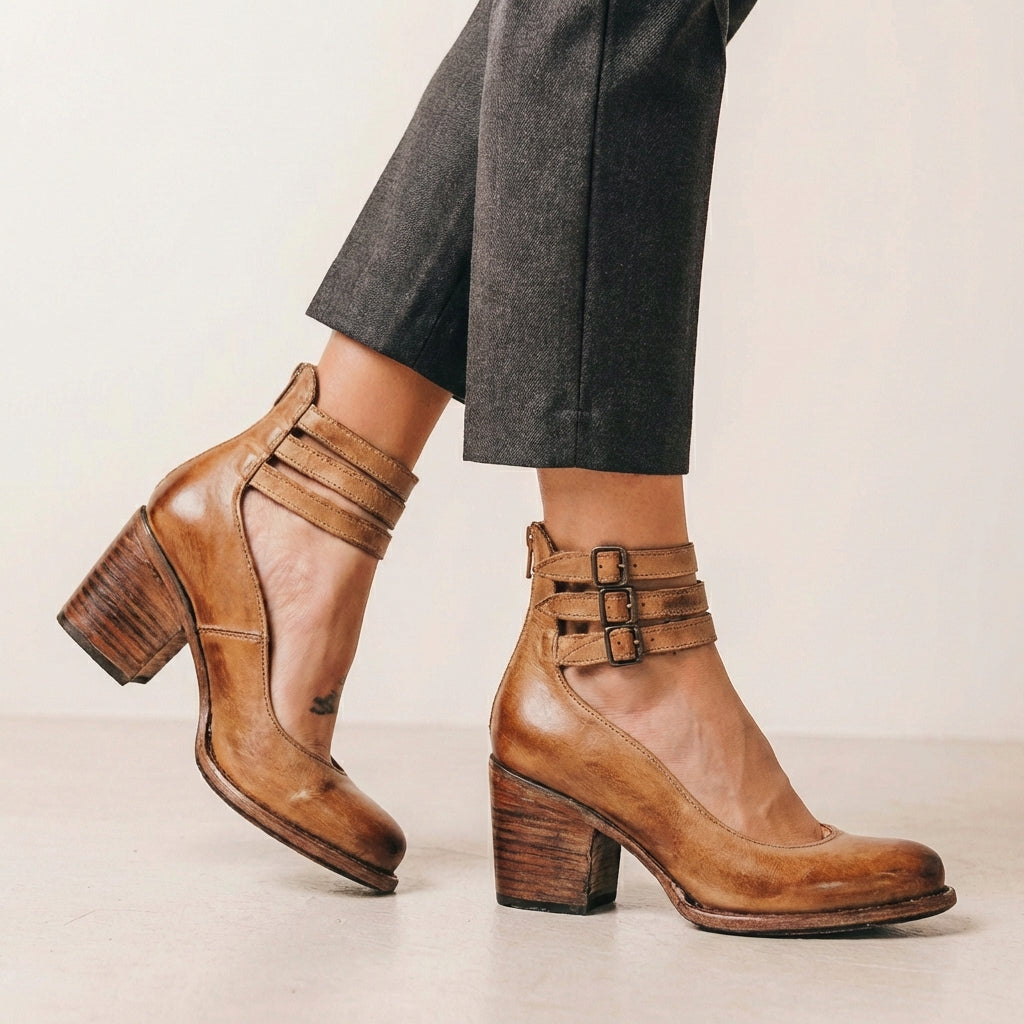 Vegan Leather Block Heel Pumps Buckled Ankle Straps
