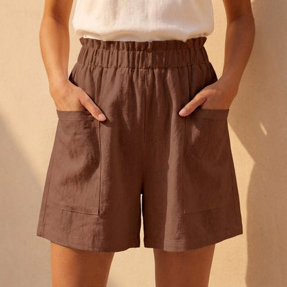Women's Relaxed Fit Paperbag Shorts Cotton Casual Beige