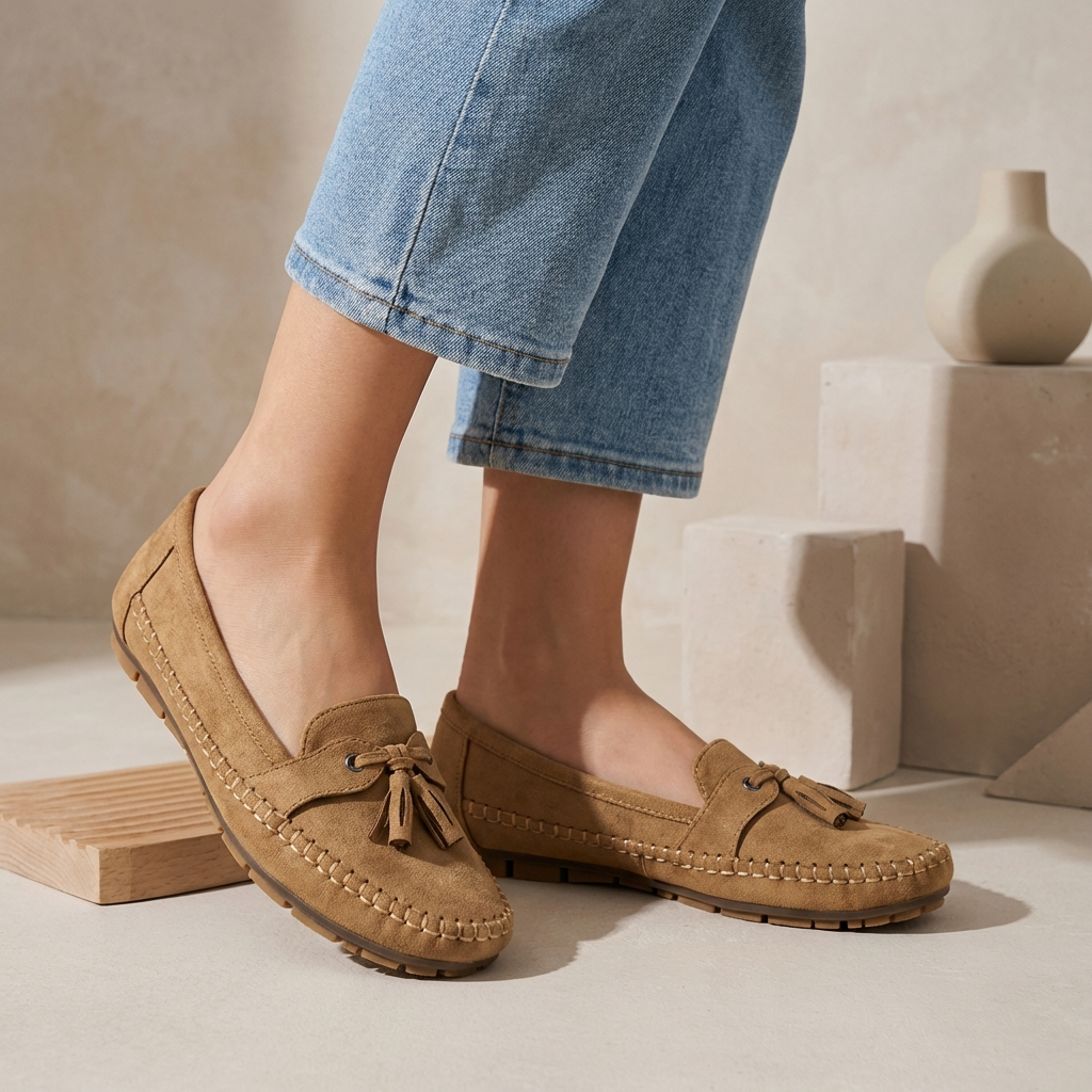 Suede Slip On Loafers Moccasin Stitching Brown