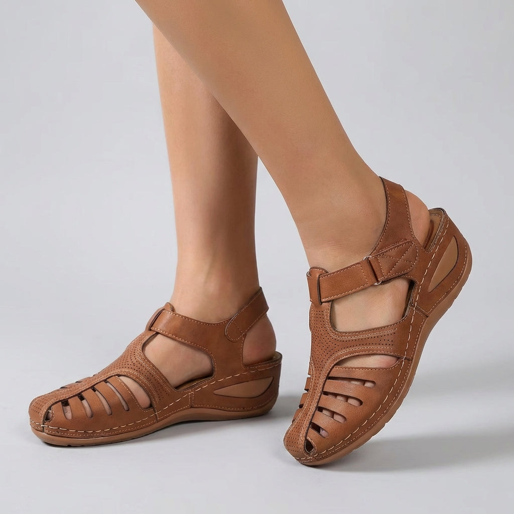 Women's Leather Wedge Sandals Ankle Strap Perforated Brown - VibreMode