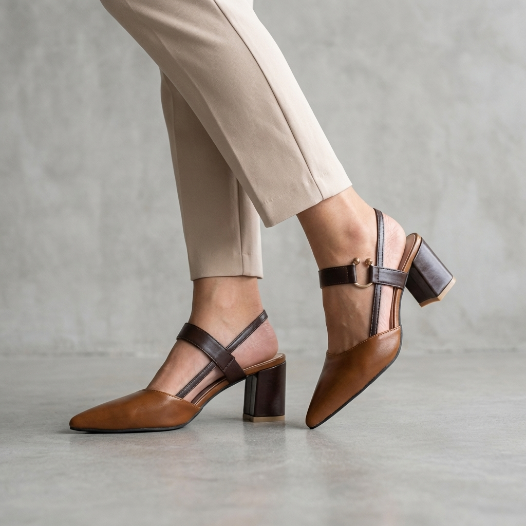 Women's Pointed Toe Slingback Shoes Block Heel Decorative Strap - VibreMode