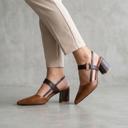 Women's Pointed Toe Slingback Shoes Block Heel Decorative Strap - VibreMode