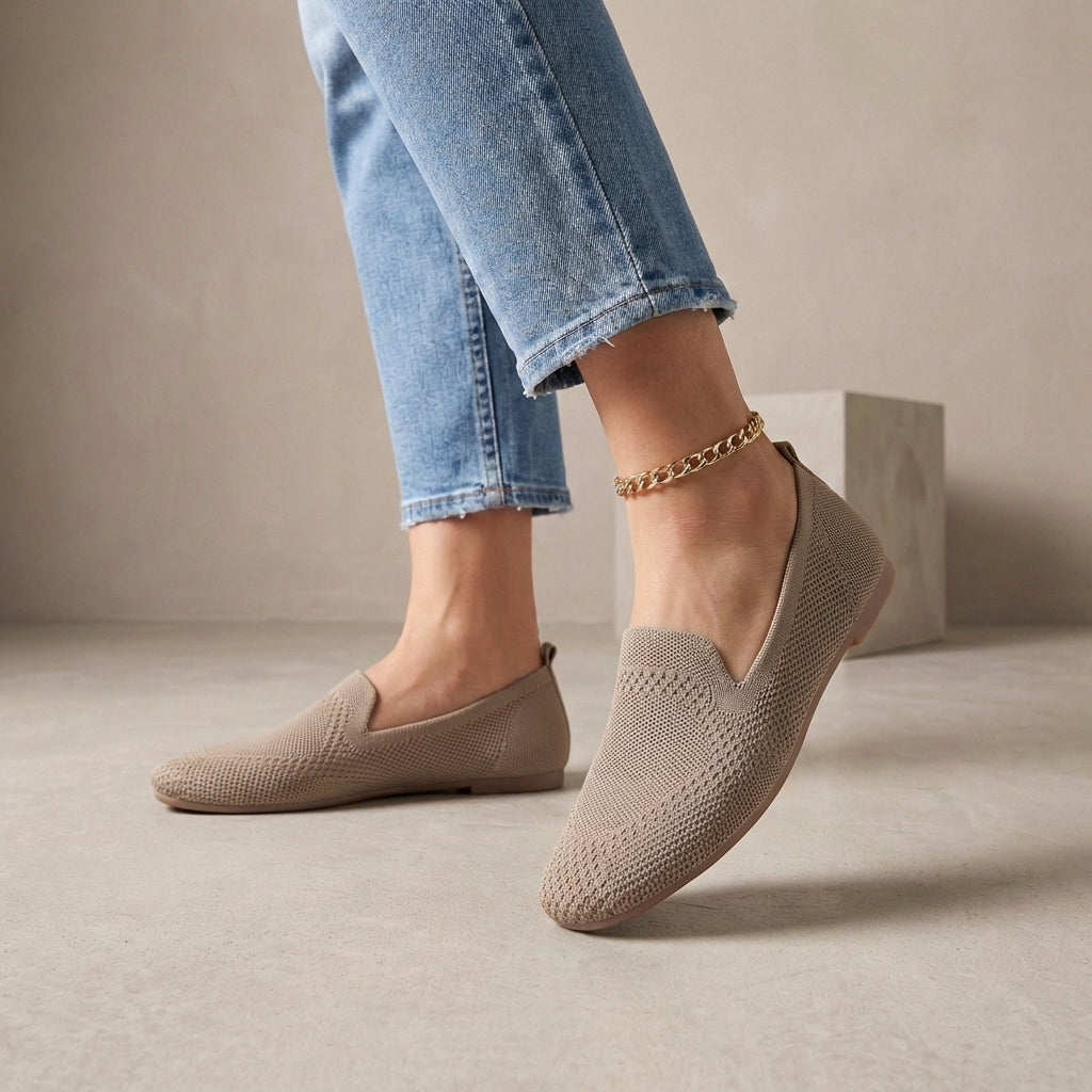 Women's Knit Slip-On Flats Lightweight Breathable Beige