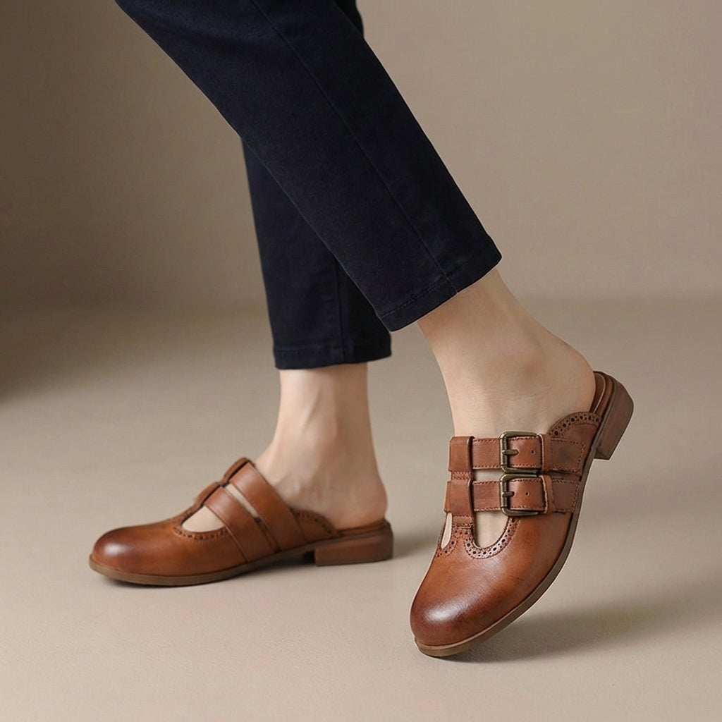 Women's Slip-On Mule Heels Double Buckle Brogue Detail Brown