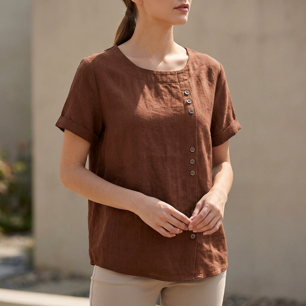 Women's Short Sleeve Blouse Asymmetric Button Detail