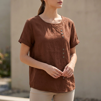 Women's Short Sleeve Blouse Asymmetric Button Detail