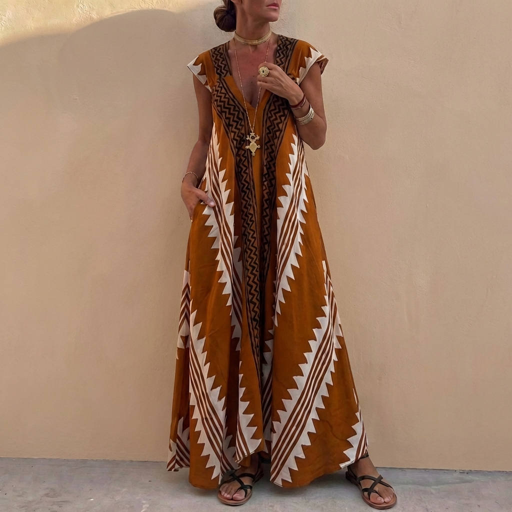 Bohemian A-Line Maxi Dress Deep V-Neck Geometric Print