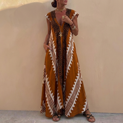 Bohemian A-Line Maxi Dress Deep V-Neck Geometric Print