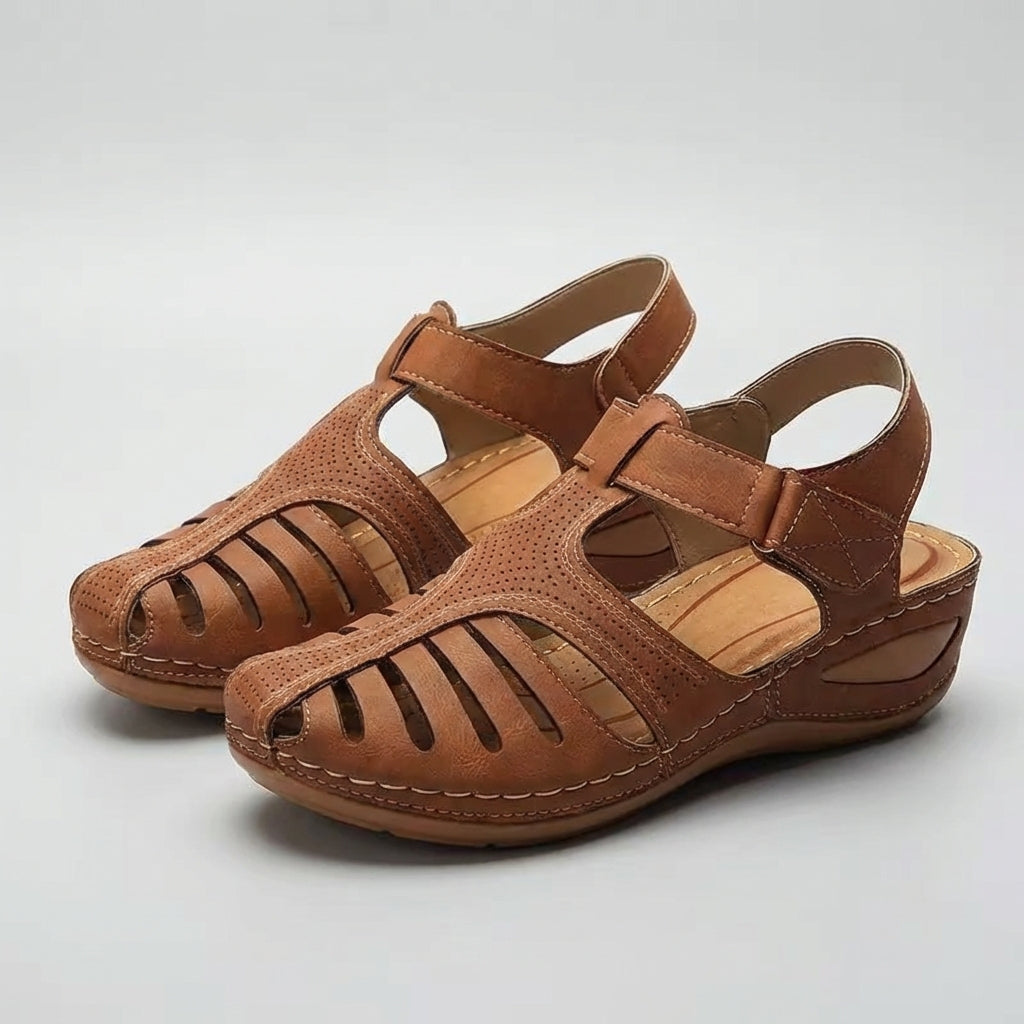 Women's Leather Wedge Sandals Ankle Strap Perforated Brown